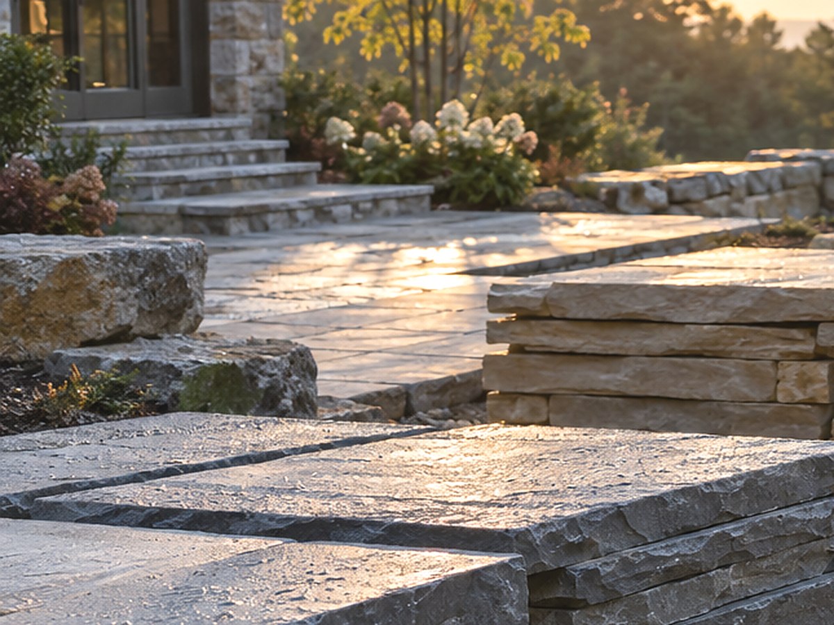 A finished stone patio beside a house in southeastern Massachusetts.
