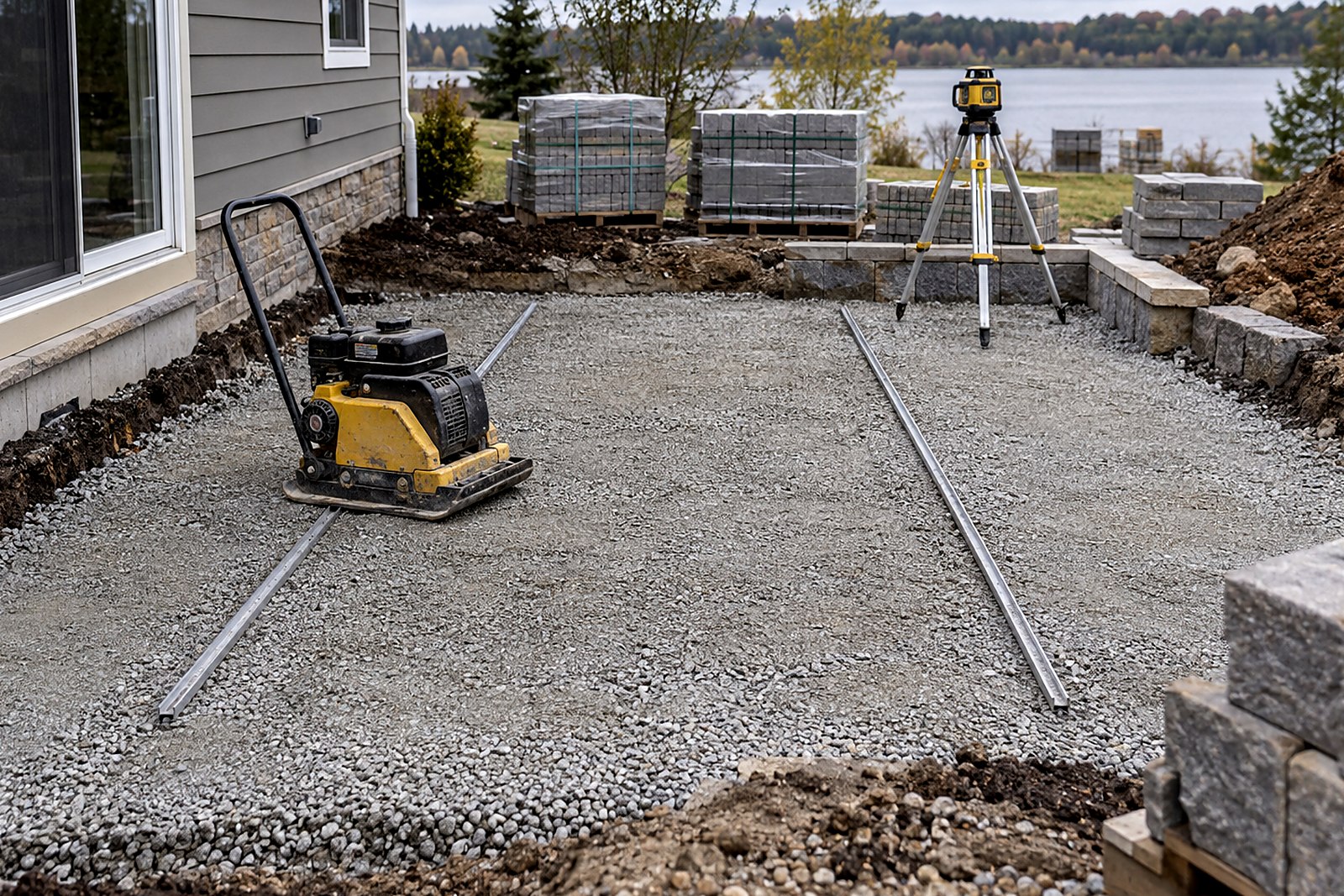 A yard during base preparation, showing grade and drainage work.