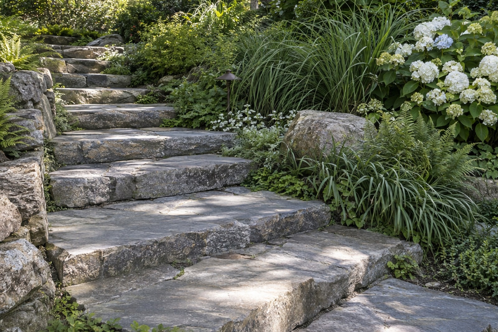 A curved stone walkway leading to a house, set on a compacted base.