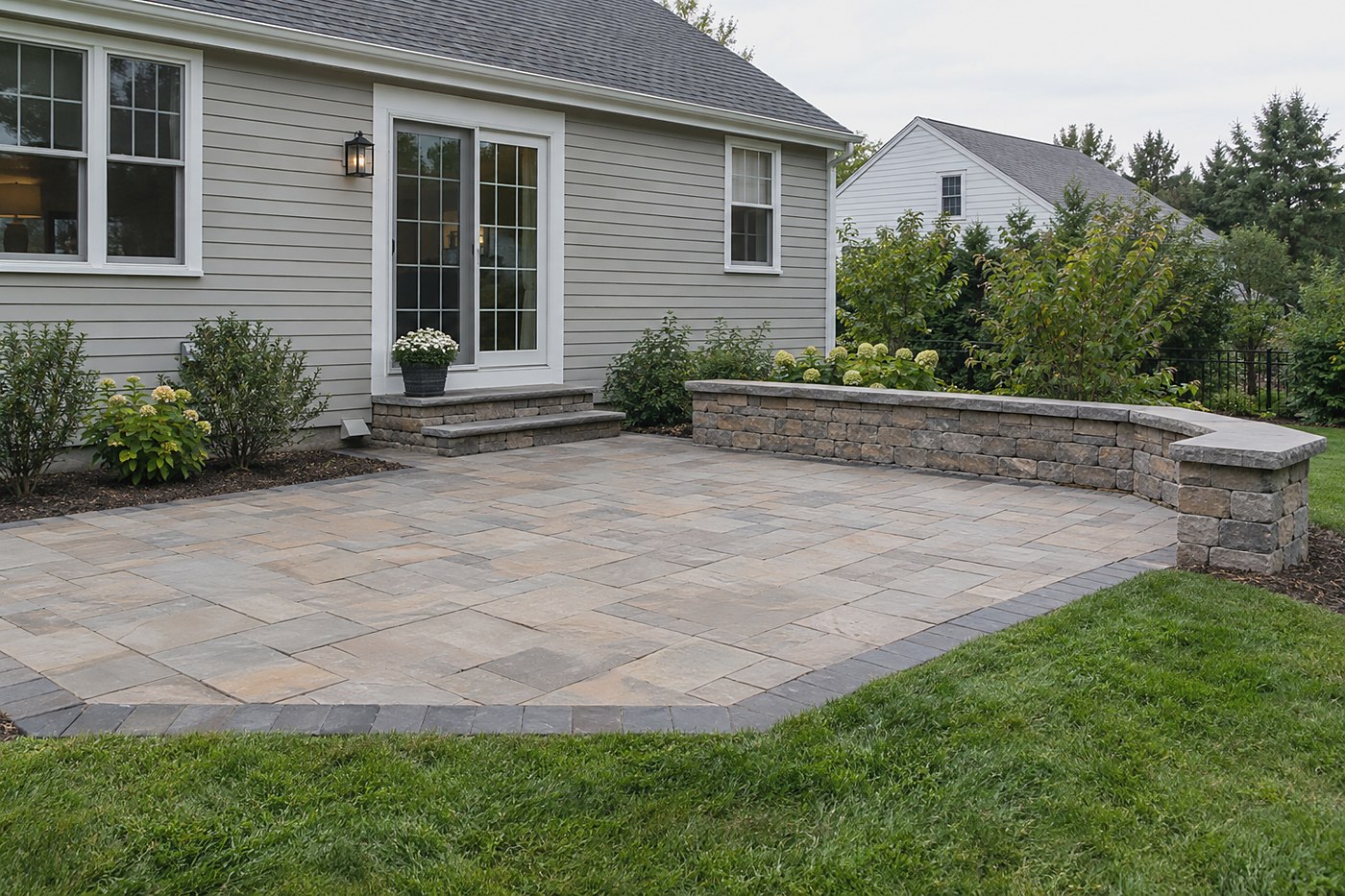 A graded patio surface shedding water away from a house.