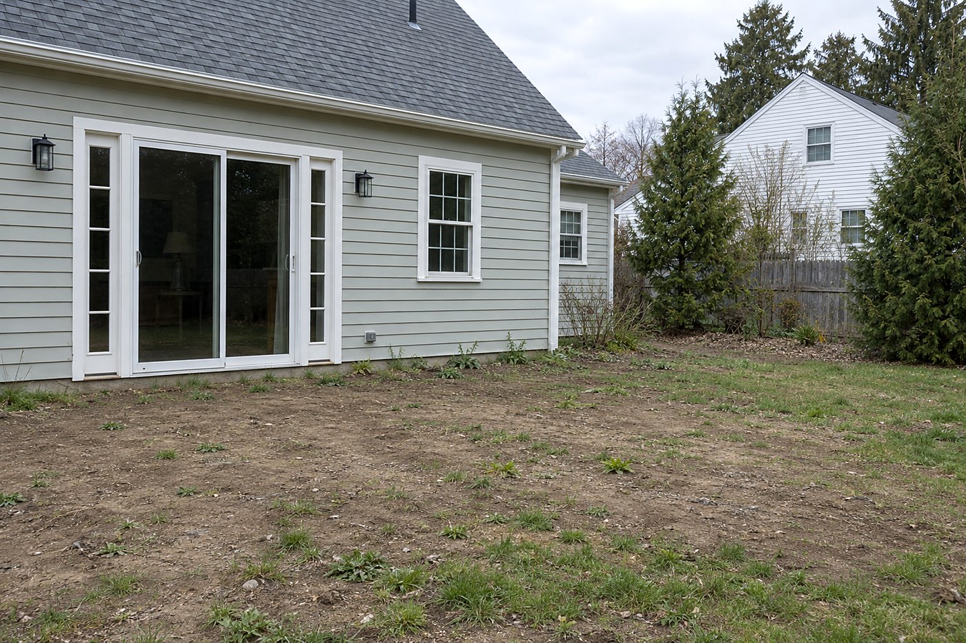 A graded yard during patio base preparation.